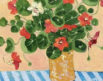 Still life with Nasturtium, Original oil painting on canvas, Fauvism art, Matisse inspired, Flowers painting, Striped tablecloth, Wall decor