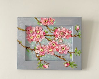 Sakura branch, Wall panel, Original impasto painting, Floral wall decor, Flowers painting, Art gift ideas, Sakura blooming flowers painting.