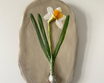 Botanical bas-relief,Daffodils flowers, Wall panel, Floral wall decor, Narcissus painting, Home decor, Wall hanging, Fauvism art, Matisse.
