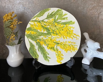 Botanical wall panel, Mimosa bas-relief, Mimosa flower, Floral wall hanging, Flowers painting, Hand painted wall decor, Sedum painting, Gift