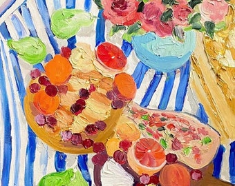 Delicious, Original oil painting on canvas, Fauvism art, Matisse inspired, Food and drinks, Fruits and flowers still life painting, Decor