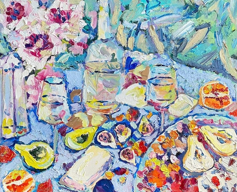 Peinture à l'huile originale sur toile, Délicieuse nature morte, Art impressionnisme, Peinture culinaire, Oeuvre d'empâtement, Fauvisme, Impressionnisme. image 3