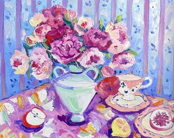 Made to order painting, Peonies season, Original oil painting on canvas, Fauvism art, Matisse inspired, Still life with flowers bouquet, dec