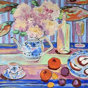 Still life painting, Original oil painting on canvas, Hydrangea and apples, Flowers bouquet, Fauvism art, Matisse inspired, Wall hanging. image 1