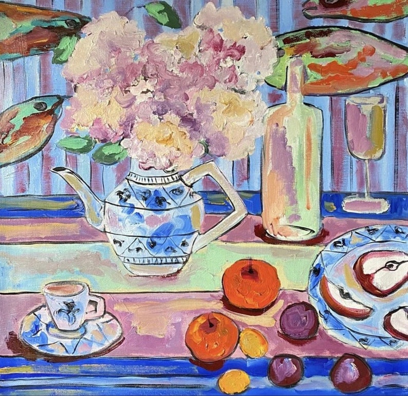 Still life painting, Original oil painting on canvas, Hydrangea and apples, Flowers bouquet, Fauvism art, Matisse inspired, Wall hanging. image 1
