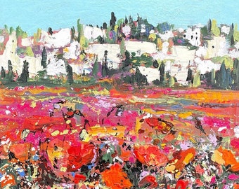 Landscape painting, Poppy field, Original oil painting, Abstract landscape, Flowers field painting, Impressionism art, Provence, Wall decor