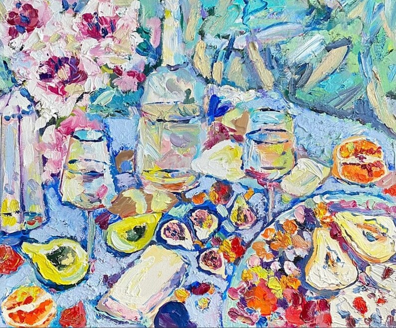 Peinture à l'huile originale sur toile, Délicieuse nature morte, Art impressionnisme, Peinture culinaire, Oeuvre d'empâtement, Fauvisme, Impressionnisme. image 7