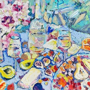 Peinture à l'huile originale sur toile, Délicieuse nature morte, Art impressionnisme, Peinture culinaire, Oeuvre d'empâtement, Fauvisme, Impressionnisme. image 1