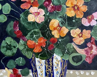 Still life with Nasturtium, Original oil painting on canvas, Fauvism painting, Matisse inspired, Floral wall hanging, Flowers painting, Deco