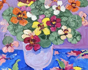 Still life with nasturtium, Original oil painting on canvas, Fauvism art, Matisse inspired, Flowers bouquet painting, Naive art, Wall decor