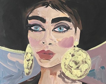 Portrait de femme, Audrey, peinture originale à la gouache sur papier, boucles d'oreilles dorées < fauvisme, inspiration Matisse, illustration de mode, décoration