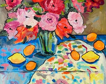 Still life with peony roses, lemons and oranges, Original oil painting on canvas, Fauvism art, Matisse inspired, Flowers bouquet painting