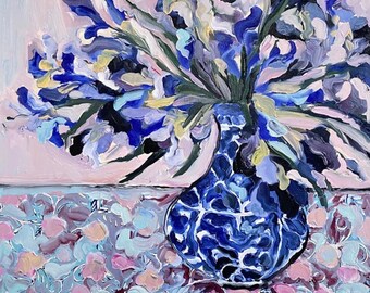 Still life with Irises, Original oil painting on canvas, Fauvism painting, Matisse inspired, Iris flowers, Floral wall decor, Wall hanging.