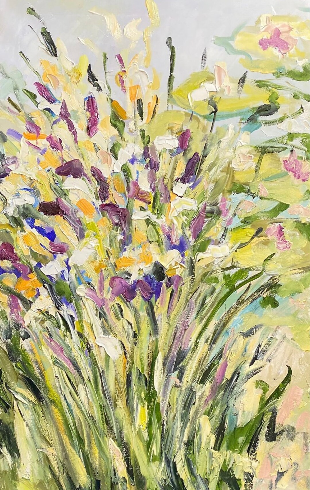 Original Oil Painting on Canvas, Irises Near the Pond, Iris Flowers ...