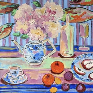 Still life painting, Original oil painting on canvas, Hydrangea and apples, Flowers bouquet, Fauvism art, Matisse inspired, Wall hanging. image 5