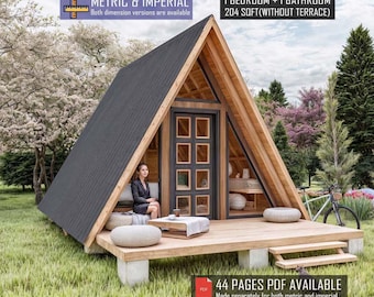 12' x 17' A Frame-huisplattegronden, 1 slaapkamer 200 SF, A Frame-huisplattegrond, hut DIY, Tiny House-plattegronden, blauwdrukken klein huis