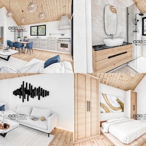 K&ouml;nnte beinhalten: Ein modernes, minimalistisches Hausinnere mit wei&szlig;en W&auml;nden, Holzb&ouml;den und gro&szlig;en Fenstern. Das Wohnzimmer verf&uuml;gt &uuml;ber ein wei&szlig;es Ecksofa, einen Couchtisch und ein schwarz-wei&szlig;es abstraktes Kunstwerk. Die K&uuml;che hat wei&szlig;e Schr&auml;nke, Edelstahlger&auml;te und einen Esstisch mit St&uuml;hlen. Das Badezimmer verf&uuml;gt &uuml;ber einen wei&szlig;en Waschtisch, einen Spiegel und eine Duschkabine. Das Schlafzimmer hat ein wei&szlig;es Bett, einen Nachttisch und einen Kleiderschrank.