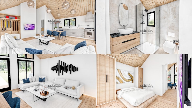 K&ouml;nnte beinhalten: Ein modernes, minimalistisches Hausinnere mit wei&szlig;en W&auml;nden, Holzb&ouml;den und gro&szlig;en Fenstern. Das Wohnzimmer verf&uuml;gt &uuml;ber ein wei&szlig;es Ecksofa, einen Couchtisch und ein schwarz-wei&szlig;es abstraktes Kunstwerk. Die K&uuml;che hat wei&szlig;e Schr&auml;nke, Edelstahlger&auml;te und einen Esstisch mit St&uuml;hlen. Das Badezimmer verf&uuml;gt &uuml;ber einen wei&szlig;en Waschtisch, einen Spiegel und eine Duschkabine. Das Schlafzimmer hat ein wei&szlig;es Bett, einen Nachttisch und einen Kleiderschrank.