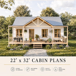 Planos de casa de campo ADU de 22' x 32', plano de casa de granero diminuta de 700 pies cuadrados, casa pequeña, plano de barndominium