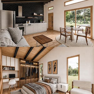 May include: A split-view interior featuring a kitchen with black subway tile, stainless steel appliances, and light wood flooring, alongside a bedroom with a wooden wardrobe, a bed with brown bedding, a desk, and a white chair.