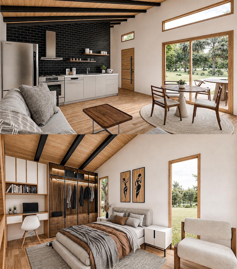 May include: A split-view interior featuring a kitchen with black subway tile, stainless steel appliances, and light wood flooring, alongside a bedroom with a wooden wardrobe, a bed with brown bedding, a desk, and a white chair.
