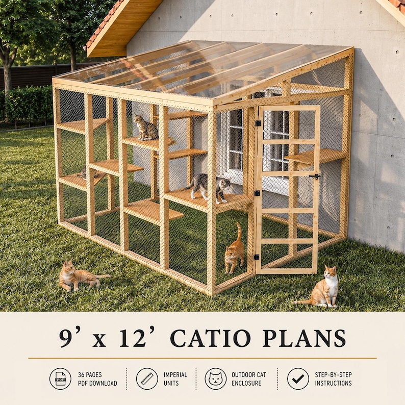 Planos para Catio de 9x12, Casa para gatos, Parque de juegos exterior para gatos, Refugio para animales de bricolaje (PDF) imagen 1