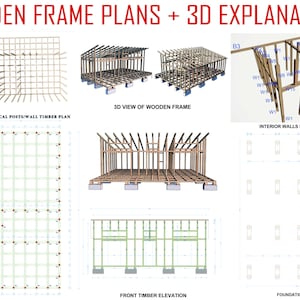 May include: A technical document titled WOODEN FRAME PLANS + 3D EXPLANATIONS featuring architectural diagrams, including a wooden frame vertical posts plan, 3D views of the wooden frame, interior walls perspective, front timber elevation, and foundation plan.