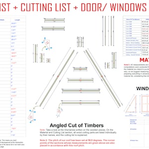 May include: A detailed diagram showing a material list, cutting list, and window schedules for a woodworking project. The diagram includes a list of materials, their dimensions, and quantities. It also includes a cutting list for the wood pieces and a window schedule with dimensions and details.