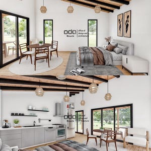 Op de afbeelding: Een modern, open huis met een keuken, eethoek en slaapkamer. De keuken heeft witte kasten, een oven van roestvrij staal en een zwarte gootsteen. De eethoek heeft een houten tafel en stoelen. De slaapkamer heeft een groot bed met een bruin en wit dekbed. Het huis heeft een houten vloer en een gewelfd plafond met zichtbare balken.