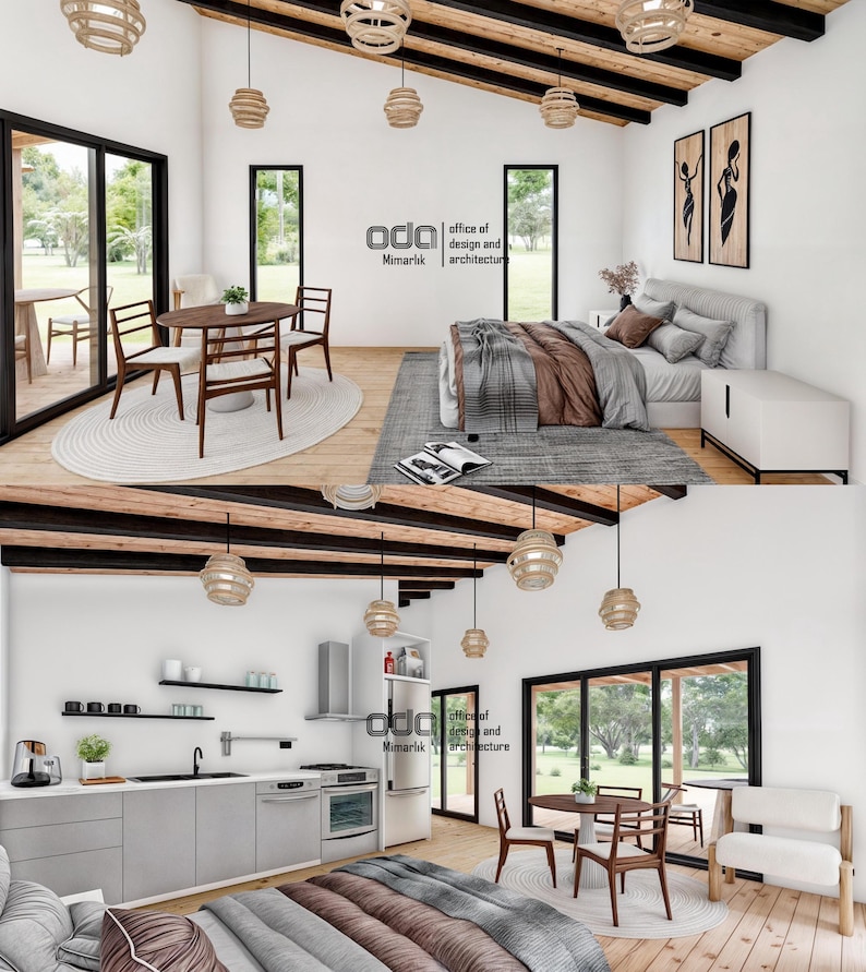 Op de afbeelding: Een modern, open huis met een keuken, eethoek en slaapkamer. De keuken heeft witte kasten, een oven van roestvrij staal en een zwarte gootsteen. De eethoek heeft een houten tafel en stoelen. De slaapkamer heeft een groot bed met een bruin en wit dekbed. Het huis heeft een houten vloer en een gewelfd plafond met zichtbare balken.