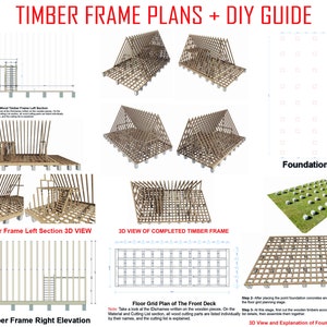 May include: A diagram showing the plans for building a timber frame house. The diagram includes a foundation plan, a floor grid plan, and 3D views of the completed timber frame. The text "TIMBER FRAME PLANS + DIY GUIDE" is at the top of the diagram.