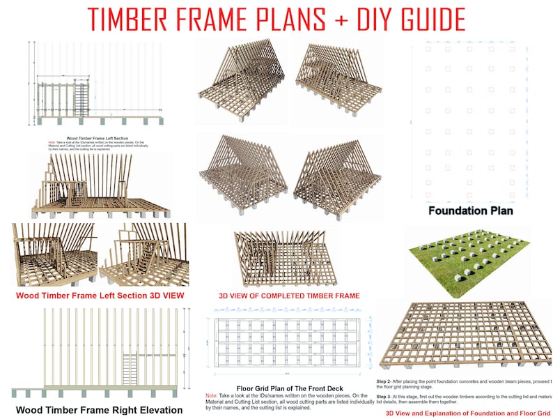 May include: A diagram showing the plans for building a timber frame house. The diagram includes a foundation plan, a floor grid plan, and 3D views of the completed timber frame. The text "TIMBER FRAME PLANS + DIY GUIDE" is at the top of the diagram.