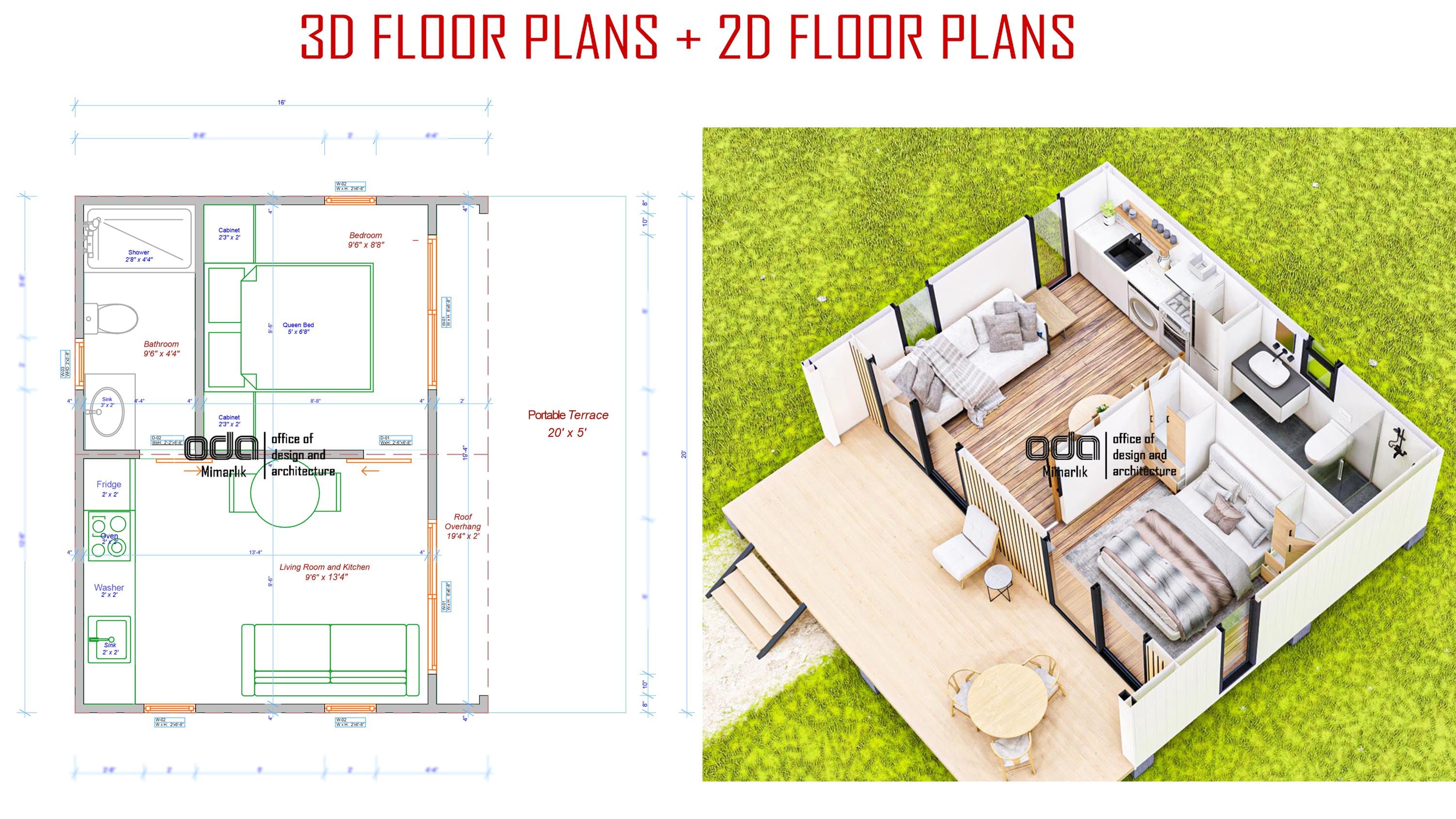 Buy Cabin House Plan 16x20, Modern Tiny House Plans, 1 Bedroom (PDF) Online  in India - Etsy, image size:3000x1687