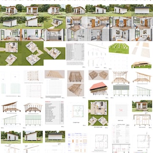 May include: A set of 52 pages of architectural plans for a small house. The plans include floor plans, roof plans, electrical plans, and plumbing plans. The plans are in both imperial and metric units.  "TOTAL OF 52 PAGES (FOR EACH IMPERIAL AND METRIC PDF)" is written at the top of the page.