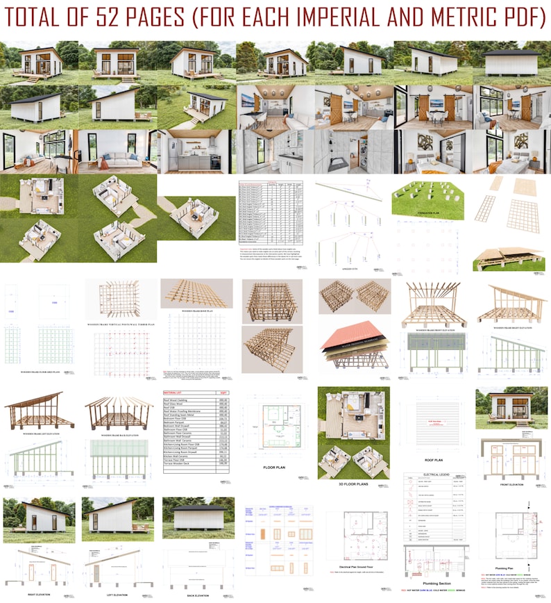 May include: A set of 52 pages of architectural plans for a small house. The plans include floor plans, roof plans, electrical plans, and plumbing plans. The plans are in both imperial and metric units.  "TOTAL OF 52 PAGES (FOR EACH IMPERIAL AND METRIC PDF)" is written at the top of the page.