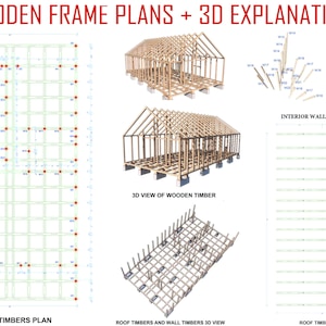 K&ouml;nnte beinhalten: Ein Diagramm, das die Pl&auml;ne f&uuml;r ein Holzrahmenhaus zeigt. Die Pl&auml;ne umfassen einen Wandbalkenplan, einen Dachbalkenplan und eine 3D-Ansicht des Holzbalkens. Die Pl&auml;ne sind mit dem Text "Holzrahmenpl&auml;ne + 3D-Erkl&auml;rungen" beschriftet.