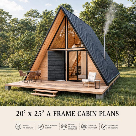 20'x25' A-Frame Cabin Plans, 500 SQFT, Tiny House 2 Bedroom, Loft House Blueprint