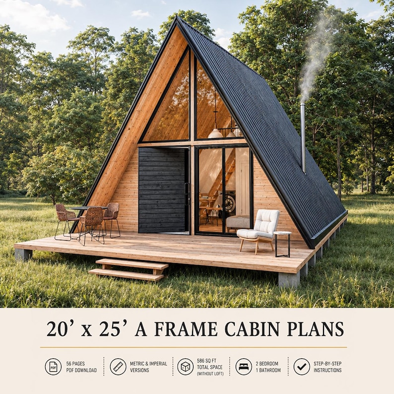 20'x25' A-Frame Cabin Plans, 500 SQFT, Tiny House 2 Bedroom, Loft House Blueprint image 1