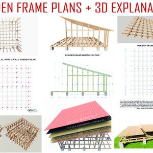 May include: Diagram showing a wooden frame construction plan with different views of the frame, including a roof plan, vertical post plan, and right elevation. The diagram also shows a 3D rendering of the frame and a cross-section of the roof showing the layers of materials.
