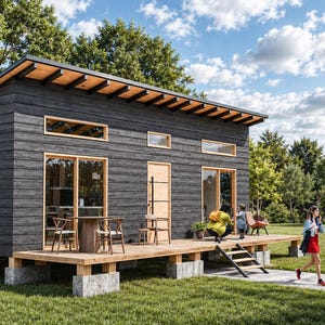 May include: A dark grey timber frame house with a wooden deck and large windows. The text lists delivery includes: timber frame plans, material list, cutting list, ground floor plan, kitchen elevation, facade elevation, wall perspectives, plumbing and electrical plans, 3D renders, door and window schedules, and 3D video animation.