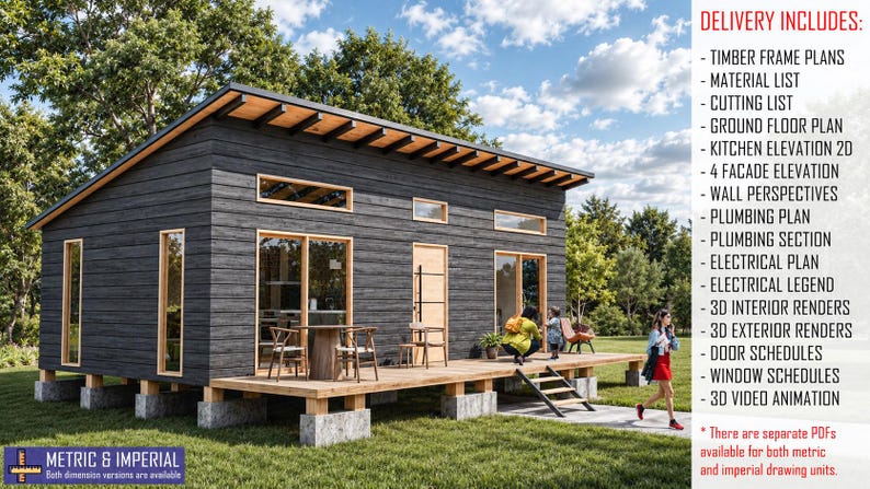 May include: A dark grey timber frame house with a wooden deck and large windows. The text lists delivery includes: timber frame plans, material list, cutting list, ground floor plan, kitchen elevation, facade elevation, wall perspectives, plumbing and electrical plans, 3D renders, door and window schedules, and 3D video animation.