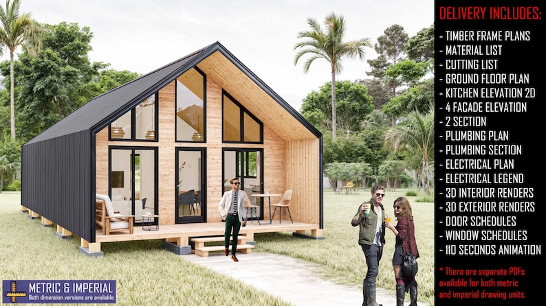 K&ouml;nnte beinhalten: Eine 3D-Darstellung einer kleinen, modernen H&uuml;tte mit schwarzer Au&szlig;enfassade und Holzinnenausstattung. Die H&uuml;tte hat ein gro&szlig;es Fenster an der Vorderseite und eine kleine Veranda mit einem Tisch und St&uuml;hlen. Der Text "DELIVERY INCLUDES:" ist auf der rechten Seite des Bildes mit einer Liste der im Kauf enthaltenen Artikel aufgef&uuml;hrt.