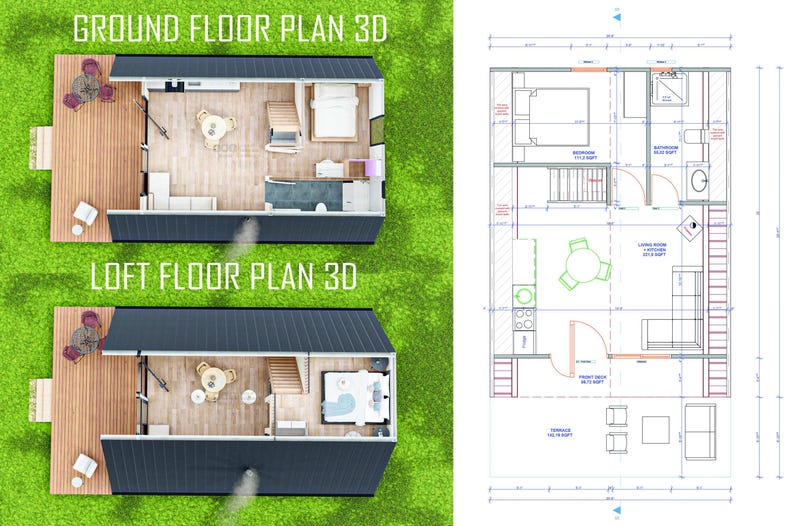 20'x25' A-Frame Cabin Plans, 500 SQFT, Tiny House 2 Bedroom, Loft House Blueprint image 2