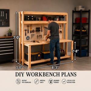Garage Workbench Plans, DIY Storage Shelf Plan, Garage Craft Table with Shelves (PDF)