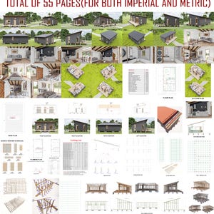 May include: A collection of 55 pages of architectural blueprints and 3D renderings for a small house, featuring floor plans, roof plans, electrical and plumbing layouts, cutting lists, and timber framing details in both imperial and metric units.