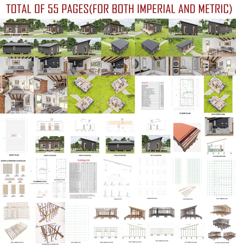 May include: A collection of 55 pages of architectural blueprints and 3D renderings for a small house, featuring floor plans, roof plans, electrical and plumbing layouts, cutting lists, and timber framing details in both imperial and metric units.