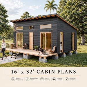 Cabin House Plans 16 x 32, Tiny Cottage Plans, Tiny House Plans, Remote Cabin DIY Plans, Small House Floor Plans, Tiny Cabin Adu Plans