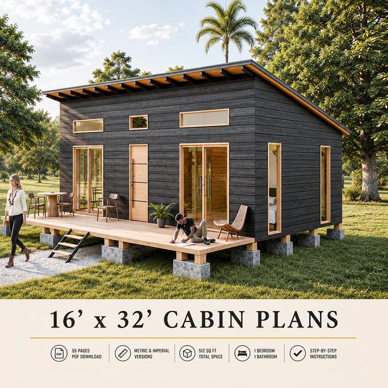 Cabin House Plans 16 x 32, Tiny Cottage Plans, Tiny House Plans, Remote Cabin DIY Plans, Small House Floor Plans, Tiny Cabin Adu Plans image 1