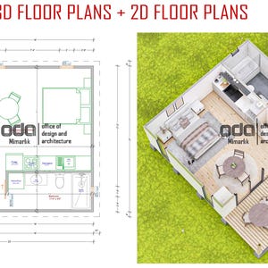Op de afbeelding: Een 2D- en 3D-plattegrond van een klein huis met een terras. De plattegrond toont een slaapkamer, een badkamer, een keuken en een woonkamer. De tekst "office of design and architecture" is opgenomen in de plattegrond.