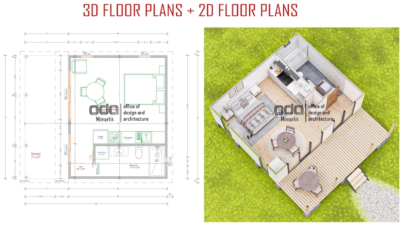 Op de afbeelding: Een 2D- en 3D-plattegrond van een klein huis met een terras. De plattegrond toont een slaapkamer, een badkamer, een keuken en een woonkamer. De tekst "office of design and architecture" is opgenomen in de plattegrond.